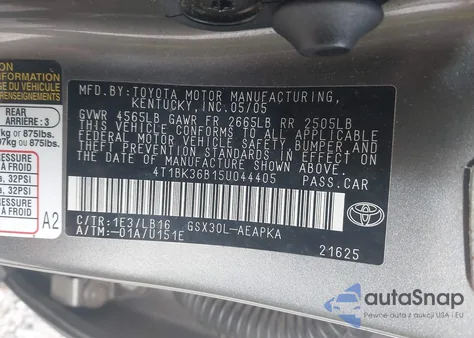 2005 Toyota Avalon Limited from USA, damaged, VIN 4T1BK36B15U044405